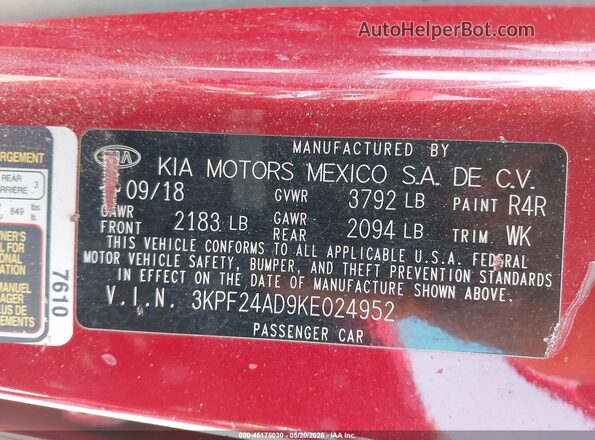 3KPF24AD9KE024952 2019 KIA FORTE Red Вид підкапотного простору
