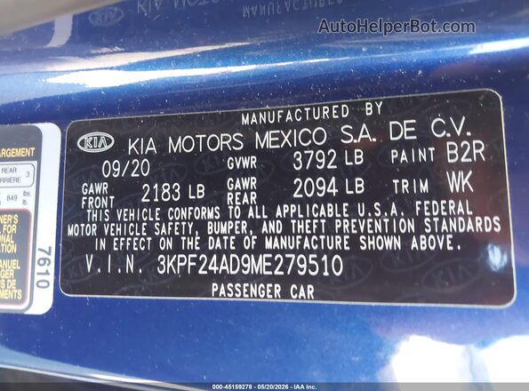 3KPF24AD9ME279510 2021 KIA FORTE Blue Շարժիչի բաժամունքի տեսք