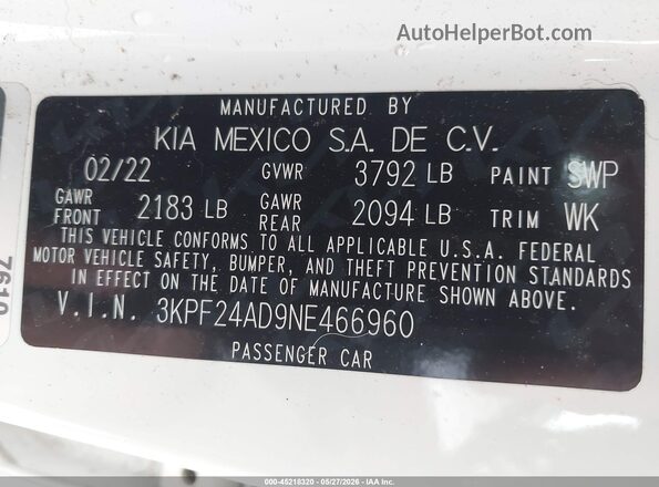 3KPF24AD9NE466960 2022 KIA FORTE White Vista del compartimento del motor