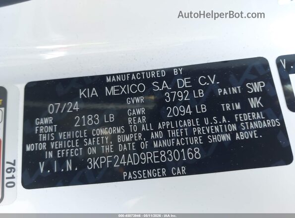3KPF24AD9RE830168 2024 KIA FORTE White Շարժիչի բաժամունքի տեսք