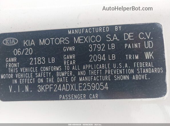 3KPF24ADXLE259054 2020 KIA FORTE White Engine compartment view