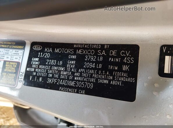 3KPF24ADXME305709 2021 KIA FORTE Silver 