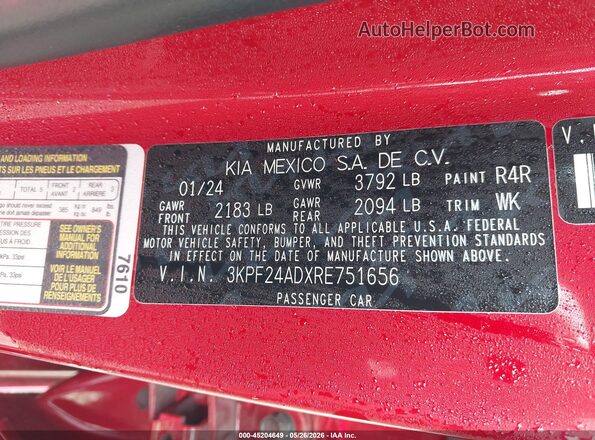 3KPF24ADXRE751656 2024 KIA FORTE Red 