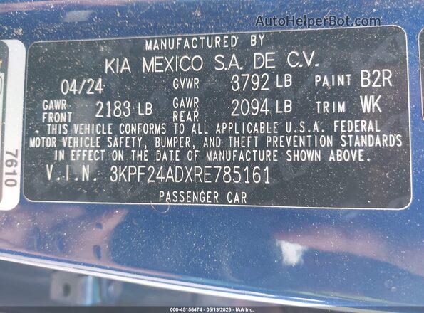 3KPF24ADXRE785161 2024 KIA FORTE Blue Շարժիչի բաժամունքի տեսք