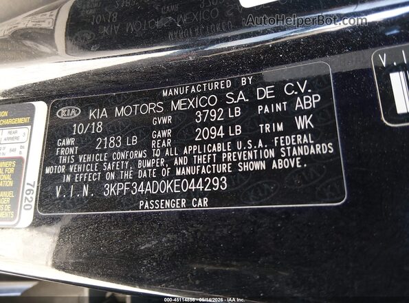 3KPF34AD0KE044293 2019 KIA FORTE Black Engine compartment view