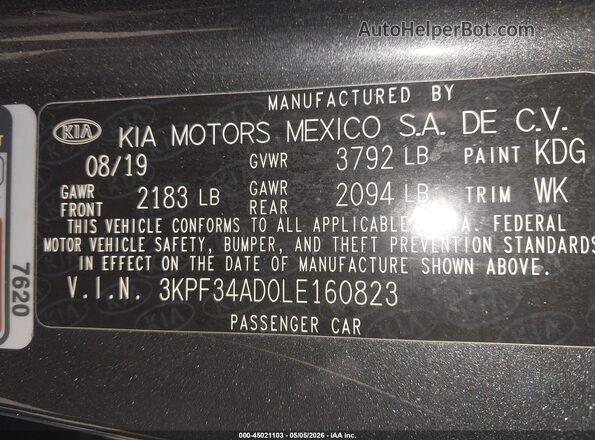 3KPF34AD0LE160823 2020 KIA FORTE Gray Вид підкапотного простору