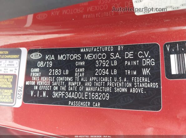 3KPF34AD0LE168209 2020 KIA FORTE Red Вид підкапотного простору