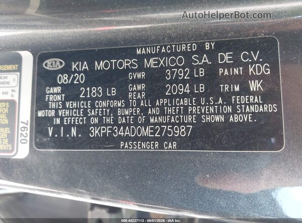 3KPF34AD0ME275987 2021 KIA FORTE Gray Շարժիչի բաժամունքի տեսք