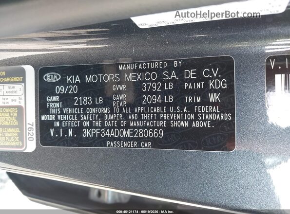 3KPF34AD0ME280669 2021 KIA FORTE Gray 