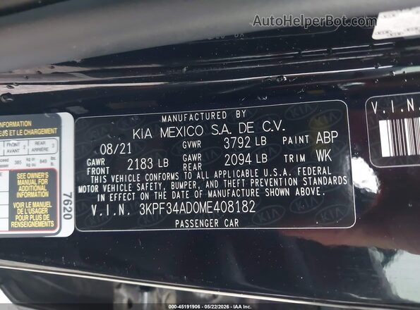 3KPF34AD0ME408182 2021 KIA FORTE Black Շարժիչի բաժամունքի տեսք