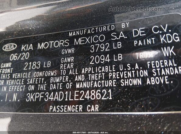 3KPF34AD1LE248621 2020 KIA FORTE Gray Vista del compartimento del motor