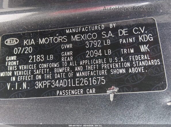 3KPF34AD1LE261675 2020 KIA FORTE Gray 