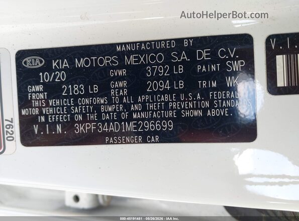 3KPF34AD1ME296699 2021 KIA FORTE Белый Вид подкапотного пространства