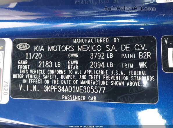 3KPF34AD1ME305577 2021 KIA FORTE Синий Вид подкапотного пространства