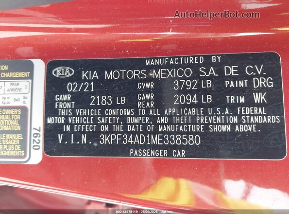 3KPF34AD1ME338580 2021 KIA FORTE Orange Widok komory silnika