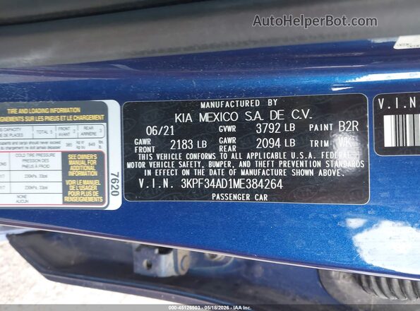3KPF34AD1ME384264 2021 KIA FORTE Blue 
