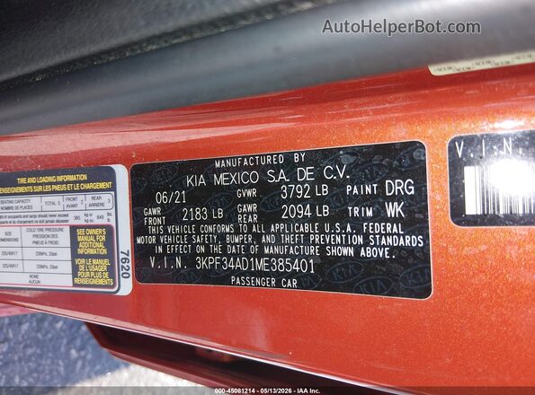 3KPF34AD1ME385401 2021 KIA FORTE Red ძრავის განყოფილების ხედი