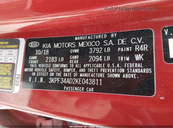 3KPF34AD2KE043811 2019 KIA FORTE Red Vista del compartimento del motor
