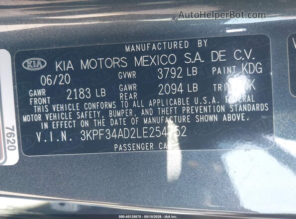 3KPF34AD2LE254752 2020 KIA FORTE Gray 