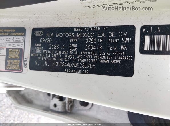 3KPF34AD2ME280205 2021 KIA FORTE Белый Вид подкапотного пространства