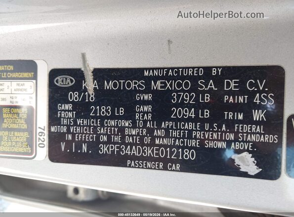 3KPF34AD3KE012180 2019 KIA FORTE Silver 