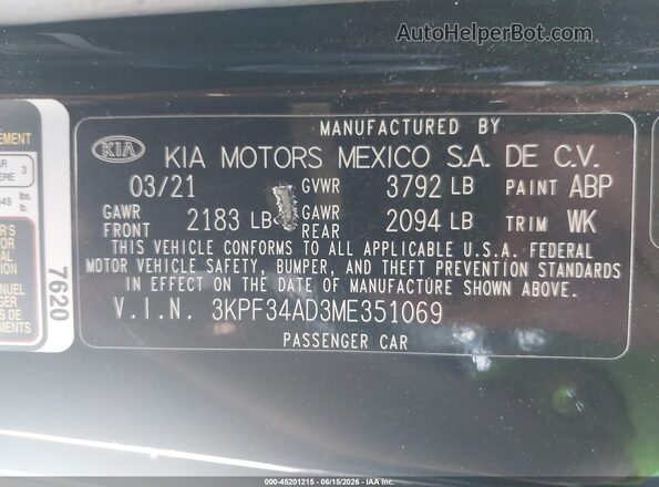 3KPF34AD3ME351069 2021 KIA FORTE Black 