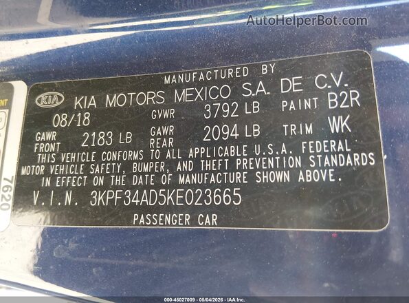 3KPF34AD5KE023665 2019 KIA FORTE Blue 