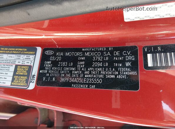 3KPF34AD5LE235550 2020 KIA FORTE Orange Շարժիչի բաժամունքի տեսք
