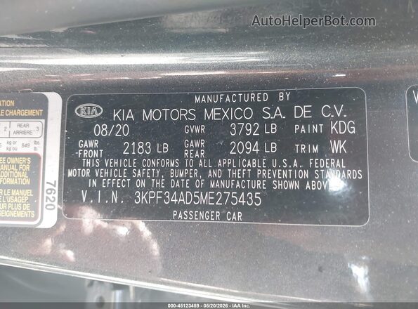 3KPF34AD5ME275435 2021 KIA FORTE Gray 