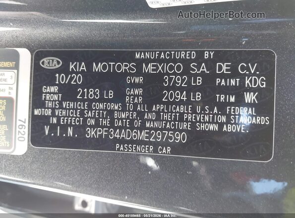 3KPF34AD6ME297590 2021 KIA FORTE Gray Widok komory silnika