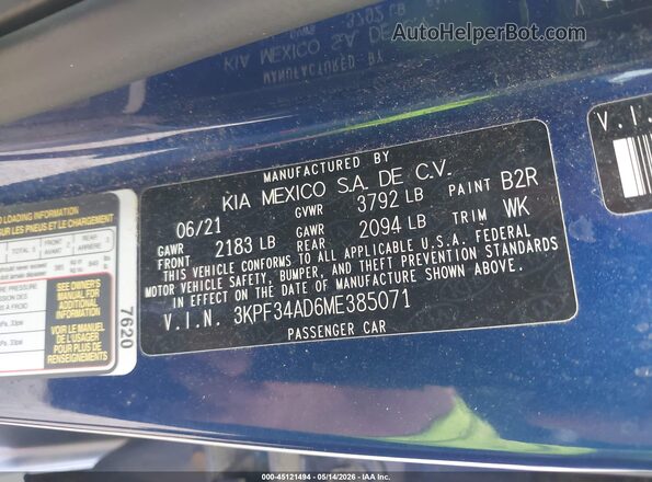 3KPF34AD6ME385071 2021 KIA FORTE Blue Engine compartment view