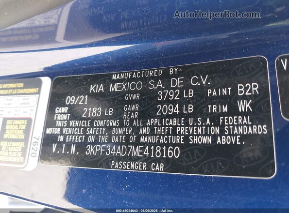 3KPF34AD7ME418160 2021 KIA FORTE Blue Շարժիչի բաժամունքի տեսք