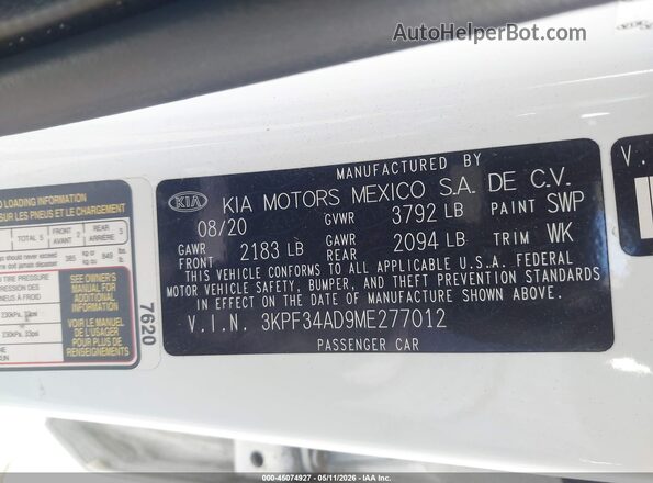 3KPF34AD9ME277012 2021 KIA FORTE White 