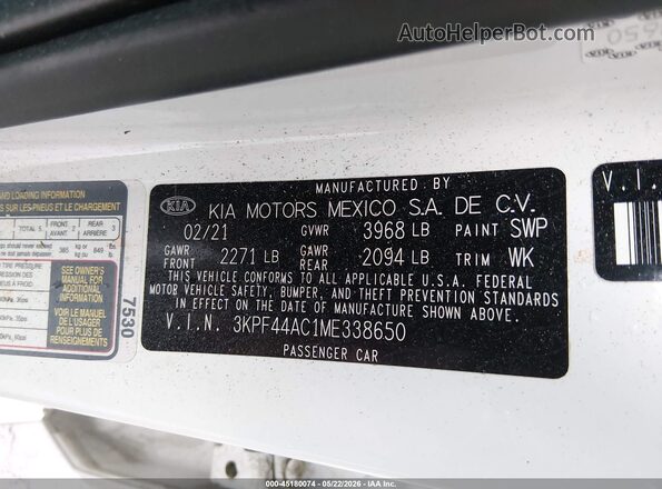 3KPF44AC1ME338650 2021 KIA FORTE White 