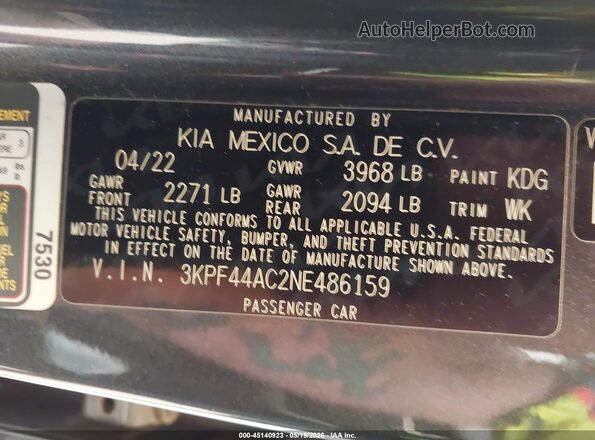 3KPF44AC2NE486159 2022 KIA FORTE Gray 