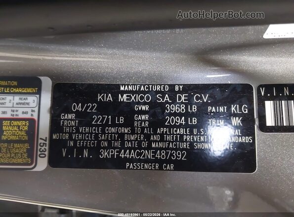 3KPF44AC2NE487392 2022 KIA FORTE Silver Vista del compartimento del motor