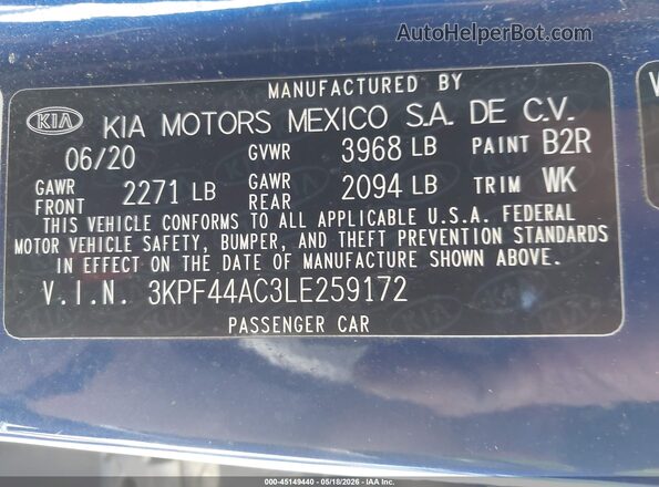 3KPF44AC3LE259172 2020 KIA FORTE Dark Blue ძრავის განყოფილების ხედი