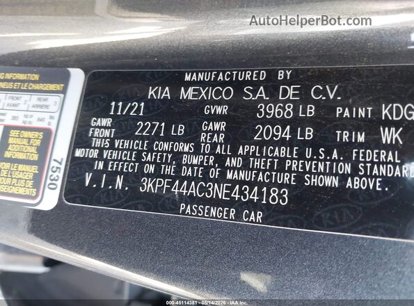 3KPF44AC3NE434183 2022 KIA FORTE Gray Widok komory silnika