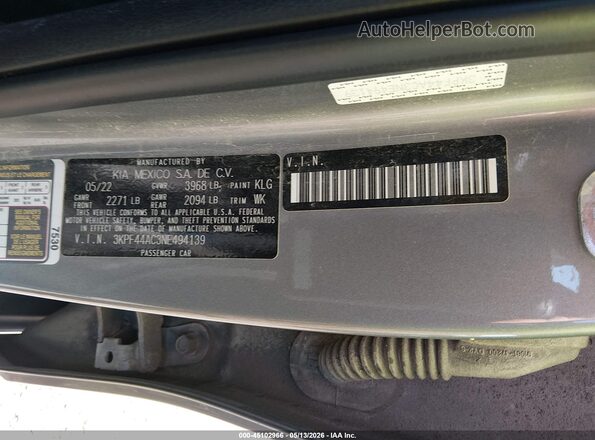 3KPF44AC3NE494139 2022 KIA FORTE Gray Widok komory silnika