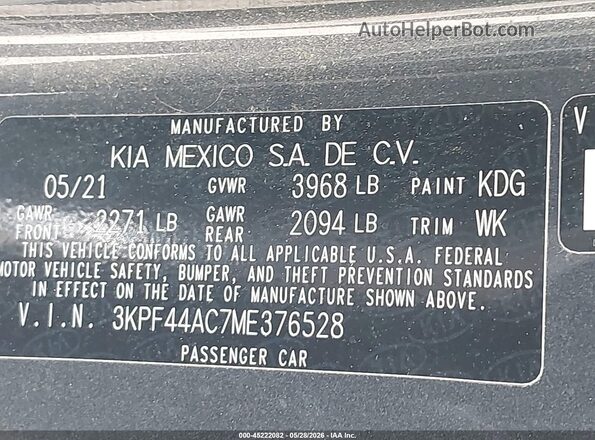 3KPF44AC7ME376528 2021 KIA FORTE Gray Vista del compartimento del motor