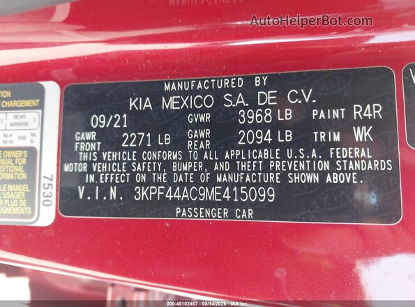 3KPF44AC9ME415099 2021 KIA FORTE Red 