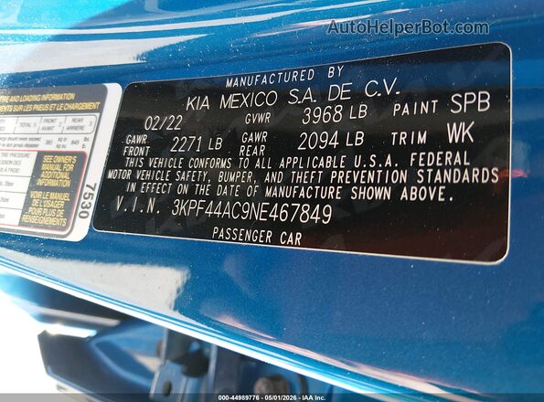 3KPF44AC9NE467849 2022 KIA FORTE Синий Вид подкапотного пространства