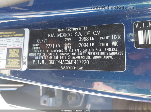 3KPF44ACXME417220 2021 KIA FORTE Blue Շարժիչի բաժամունքի տեսք