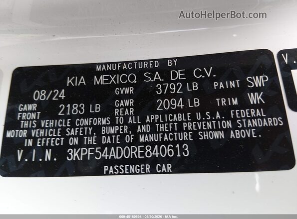 3KPF54AD0RE840613 2024 KIA FORTE White Вид підкапотного простору