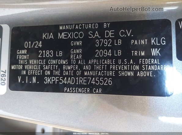 3KPF54AD1RE745526 2024 KIA FORTE Gray Շարժիչի բաժամունքի տեսք