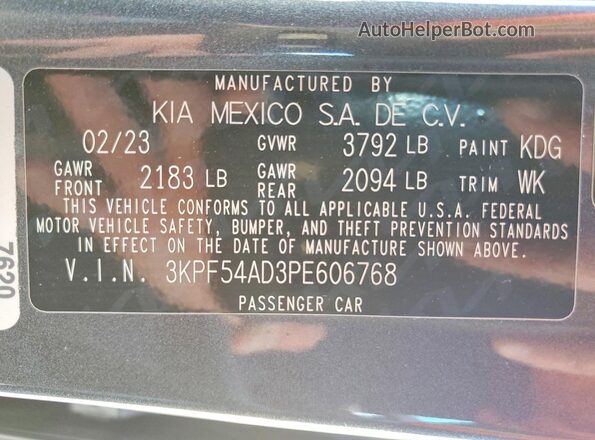 3KPF54AD3PE606768 2023 KIA FORTE Gray Widok naklejki z numerem VIN