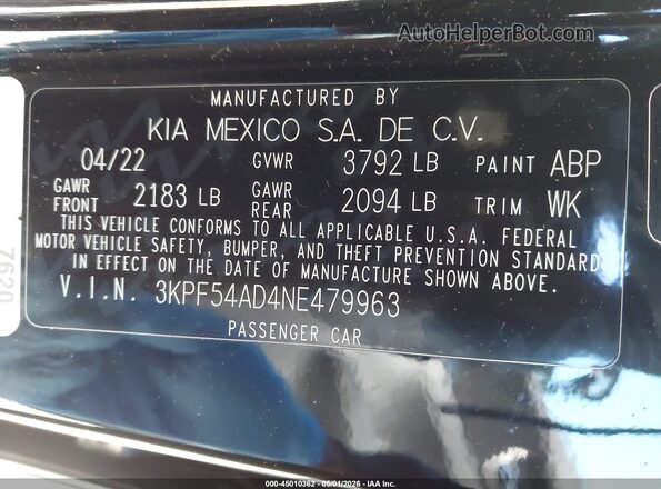 3KPF54AD4NE479963 2022 KIA FORTE Black Vista del compartimento del motor