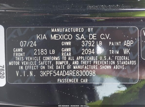 3KPF54AD4RE830098 2024 KIA FORTE Black ძრავის განყოფილების ხედი