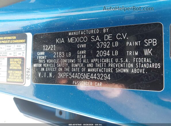 3KPF54AD5NE443294 2022 KIA FORTE Blue Engine compartment view