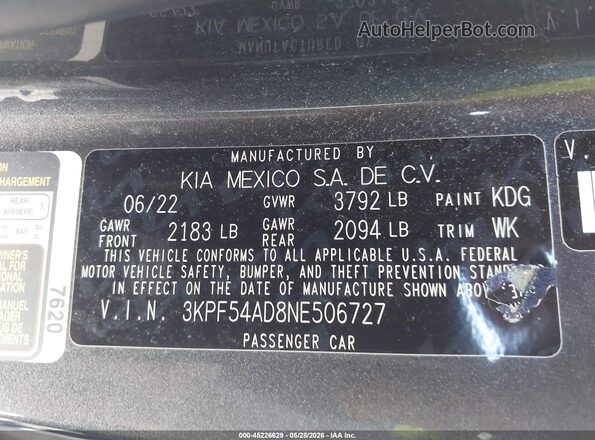 3KPF54AD8NE506727 2022 KIA FORTE Gray 